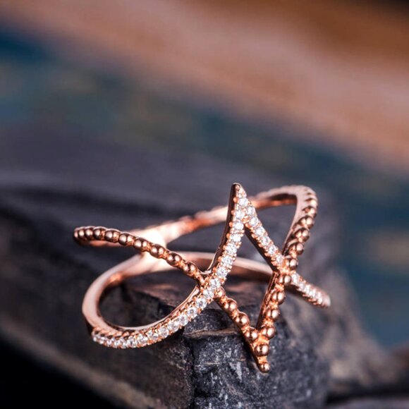Bride Wedding/Women Beach Party Vintage Rose Gold Cross Crystal Ring, VIP296 - Picture 4 of 5